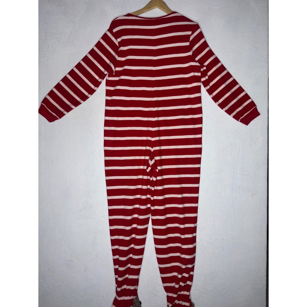 Nick & Nora Sock Monkey Footed One Piece Pajamas Small Red White Striped Fleece - Picture 2 of 7